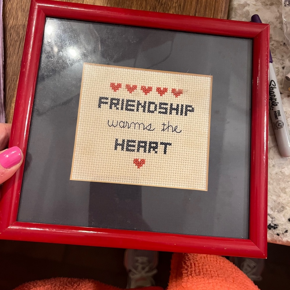 “friendship warms the heart” needlepoint framed